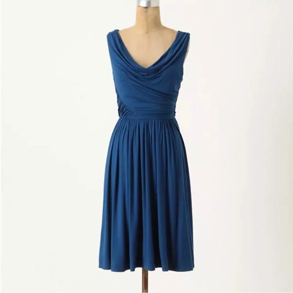 Anthropologie Deletta Pezza Dress Teal Blue Ruched Jersey Cowl Neck Size Small S